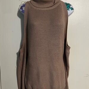 Cold Shoulder Taupe Knit Turtle Neck Sweater